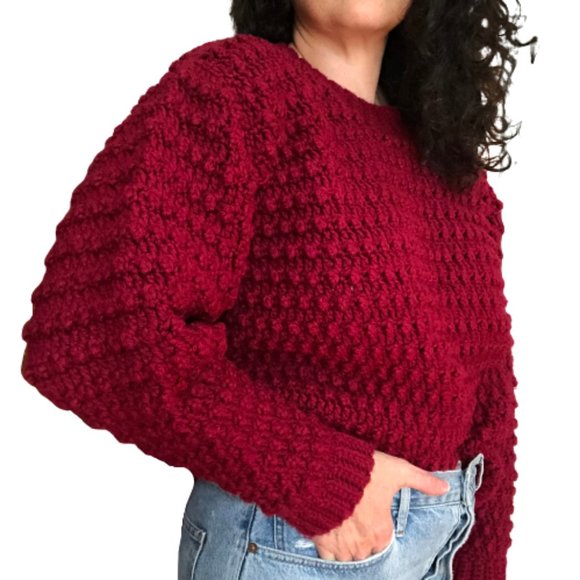 Vtg Hand Knit Bobble Pompom Popcorn Wool Sweater - Picture 6 of 16